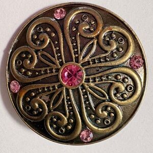 Vintage pink and Gold tone brass floral button Brooch with rhinestones